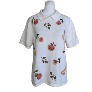 Alfred Dunner Sz S Vintage 90s White Short-sleeved Sweater Top with Fruit Print